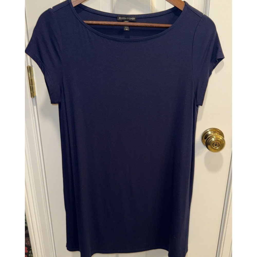 EILEEN FISHER Dress S Organic Viscose Stretch Jersey Tunic Dress Cap Sleeve Blue